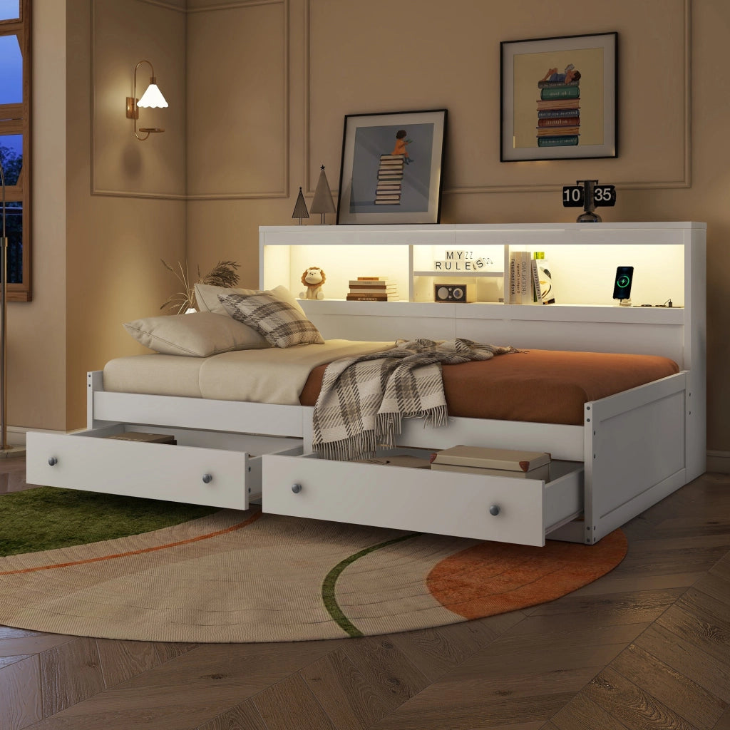 Daybed con 2 USB, LED, 2 cassetti e doghe, 90x200 cm, bianco