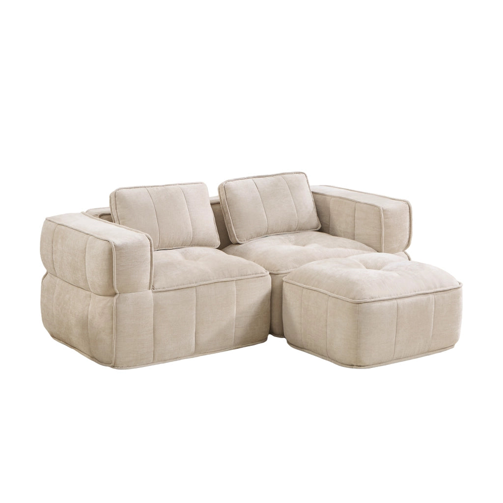 Divano modulare 2 posti con pouf seduta profonda senza struttura base antiscivolo in poliestere beige 198×162×67 cm