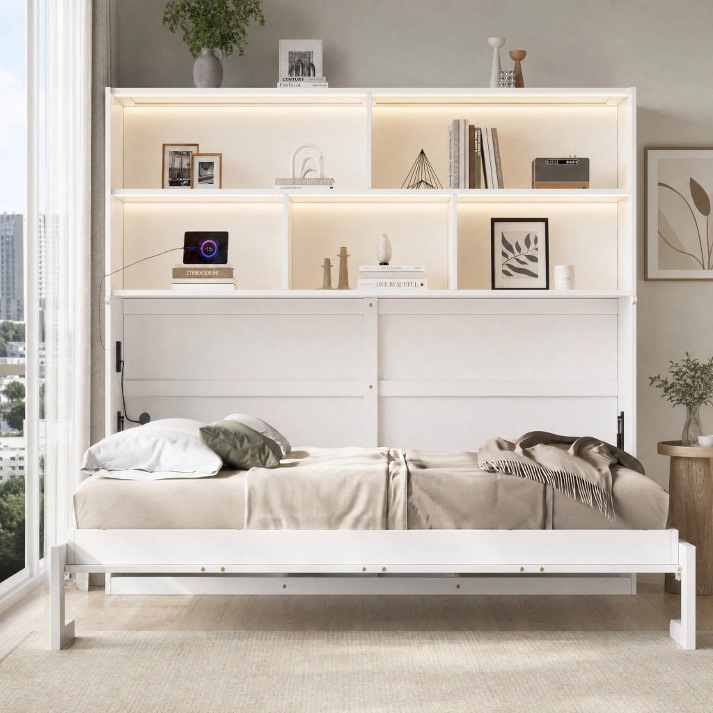 Letto contenitore trasformabile singolo 90x200 cm in MDF bianco con LED; USB e presa