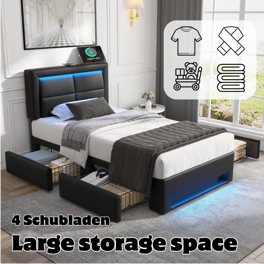 Letto Singolo 90 x 200 cm con USB; LED e 4 Cassetti in PU Nero