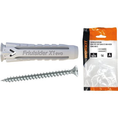 TASSELLO NYLON + VITE SELF WORKIT - MM  5X25 VITE TSP CAVA PZ MM 4X30 CF=PZ 14- 5 confezioni