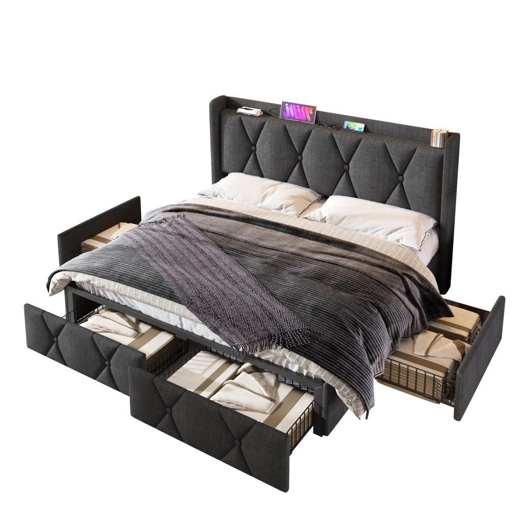 Letto imbottito USB 4 cassetti 160x200 doghe grigio