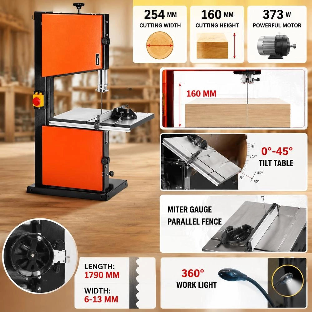 Bandsaw, Cutting Width 254 Mm, Two-speed Wood Bandsaw With 373 W Motor (1/2 HP), Cutting Height 160 Mm, 335x340 Mm Cast Iron Table, With 360° Work Light, Miter Gauge, Parallel Fence