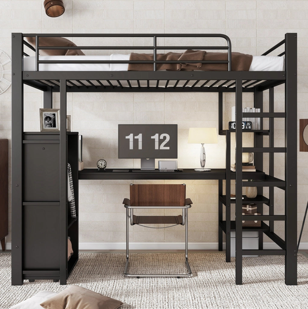 LETTO A CASTELLO 90x200 cm Nero in Metallo con Scrivania e Armadio