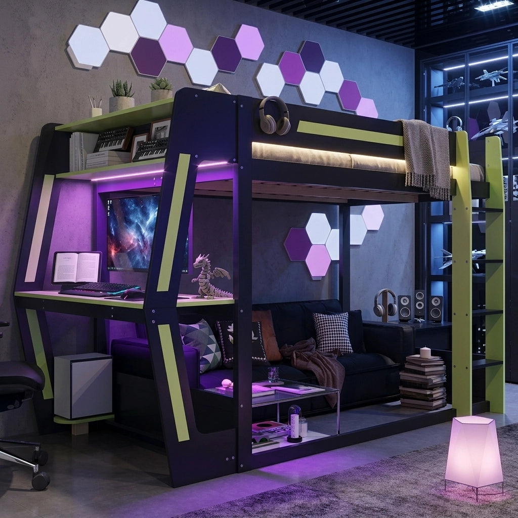 Letto a soppalco gaming 120x200 cm nero e verde, zona notte alta, area inferiore libera, scrivania gaming, ripiano PC, spazio contenitore e illuminazione LED