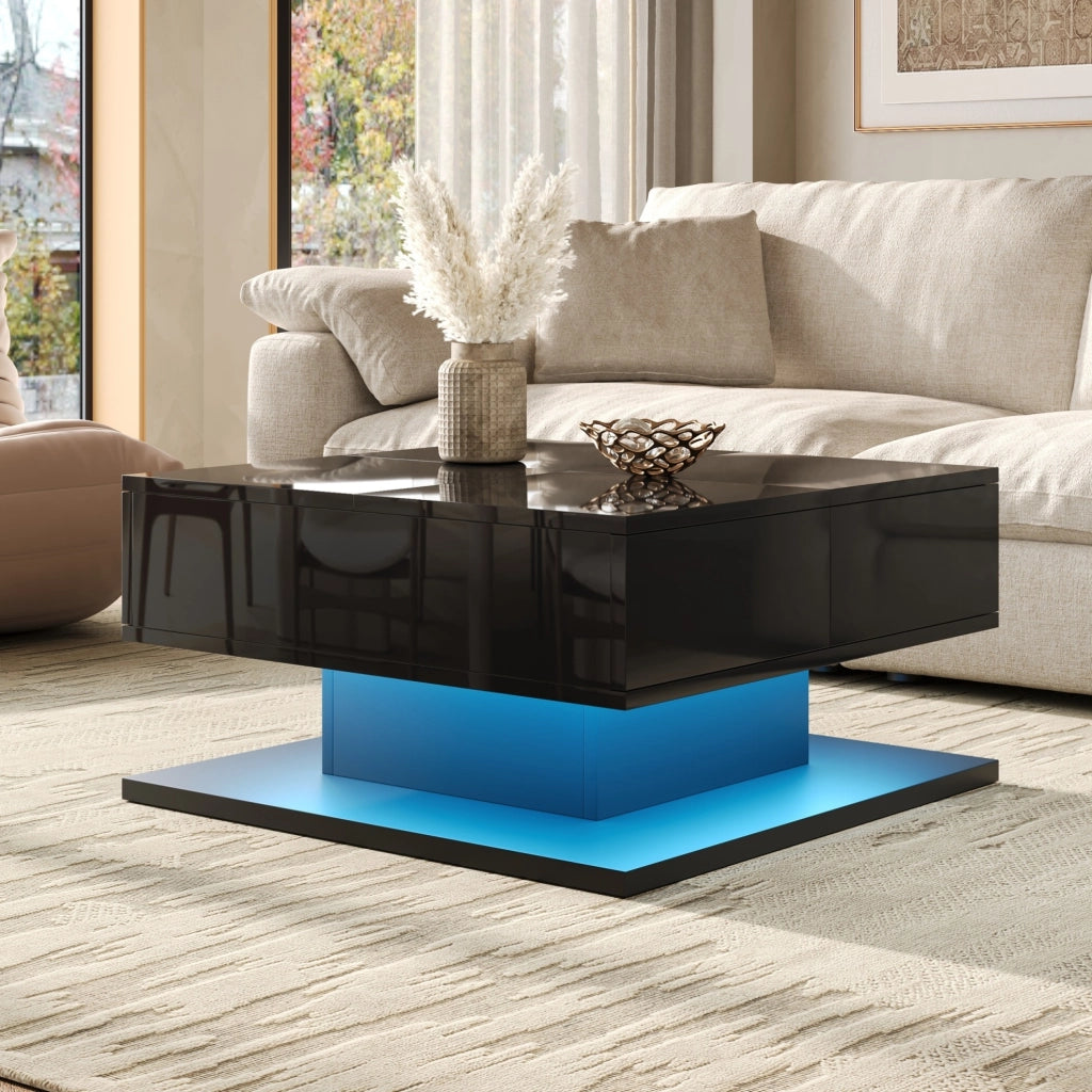 Tavolino da salotto 72x72 cm con piano elevabile, LED App e cassetti nero