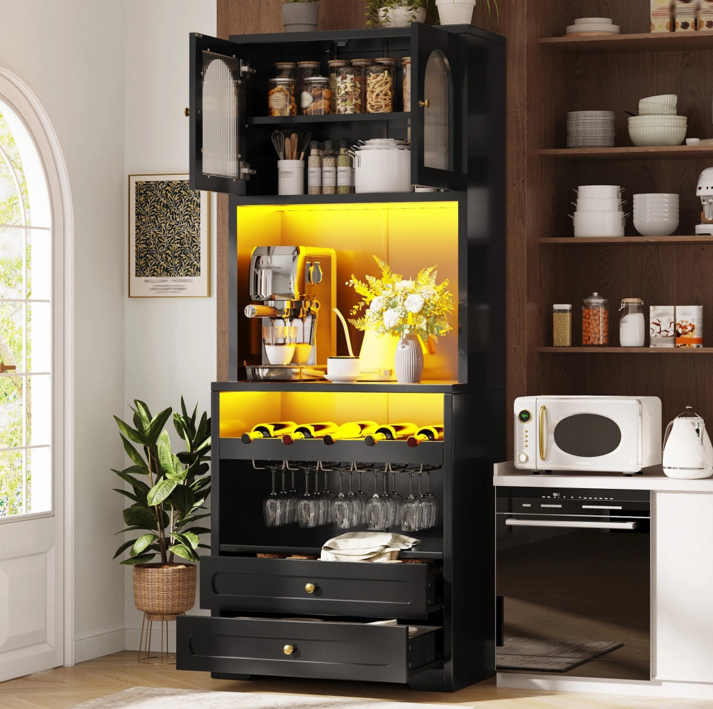 Mobile alto da cucina nero con LED smart, portabottiglie e USB