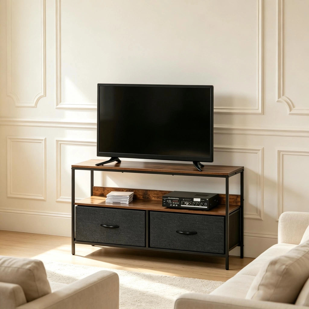 Mobile TV basso nero e grigio con due cassetti ripiegabili