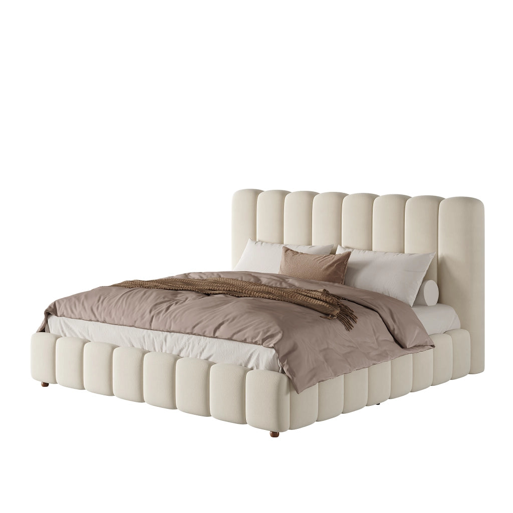 Letto matrimoniale contenitore 180 x 200 cm, letto imbottito idraulico in velluto con rete a doghe, contenitore, testiera beige a righe verticali