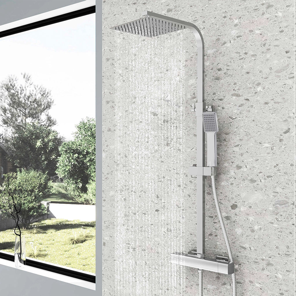 AICA Colonna doccia con miscelatore termostatico, rubinetto doccia rettangolare 28x4cm, soffione doccia quadrato 25x25cm in acciaio inox cromato