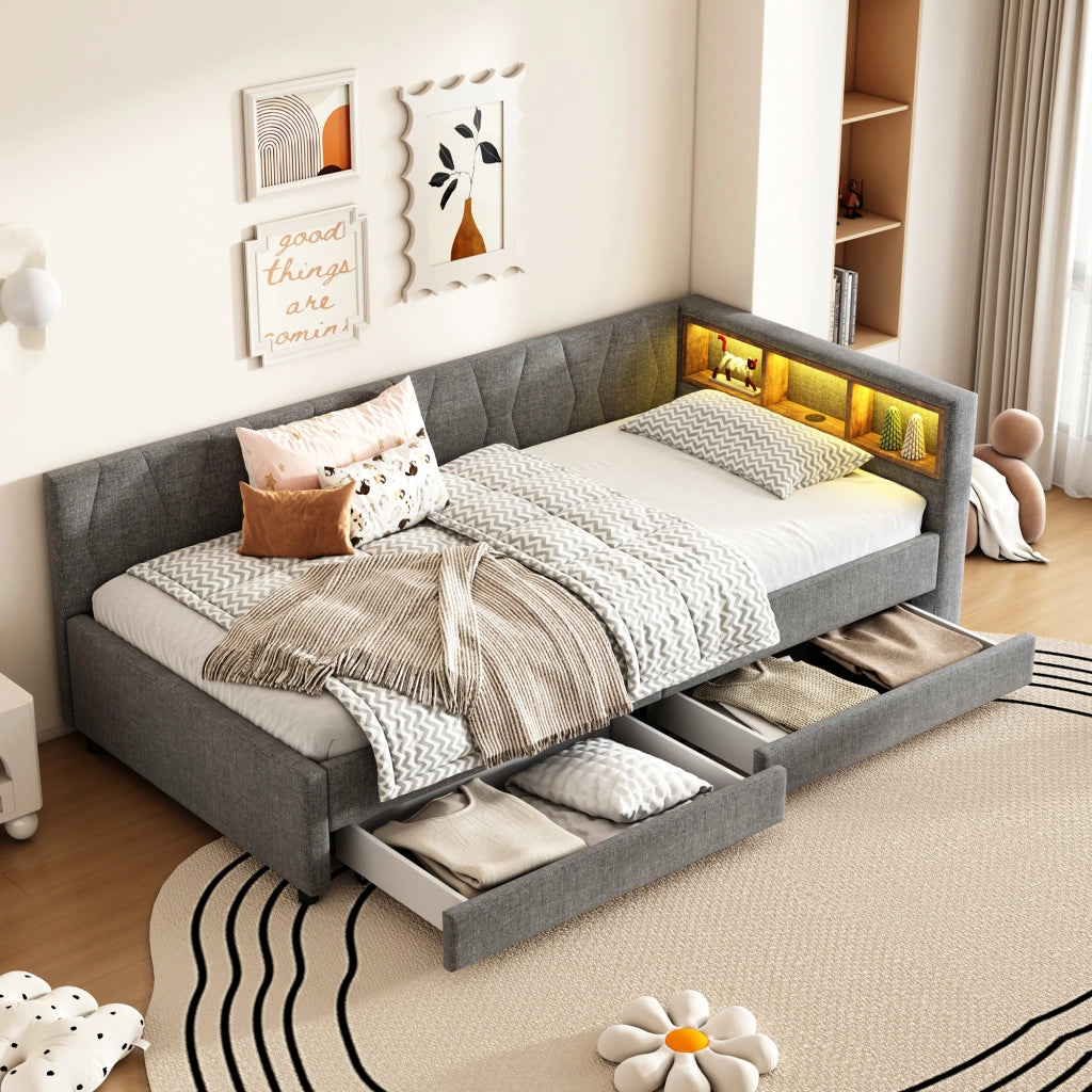 Letto con cassetti 90 × 200 cm con LED USB e Type-C in lino e MDF grigio con vani nella testiera