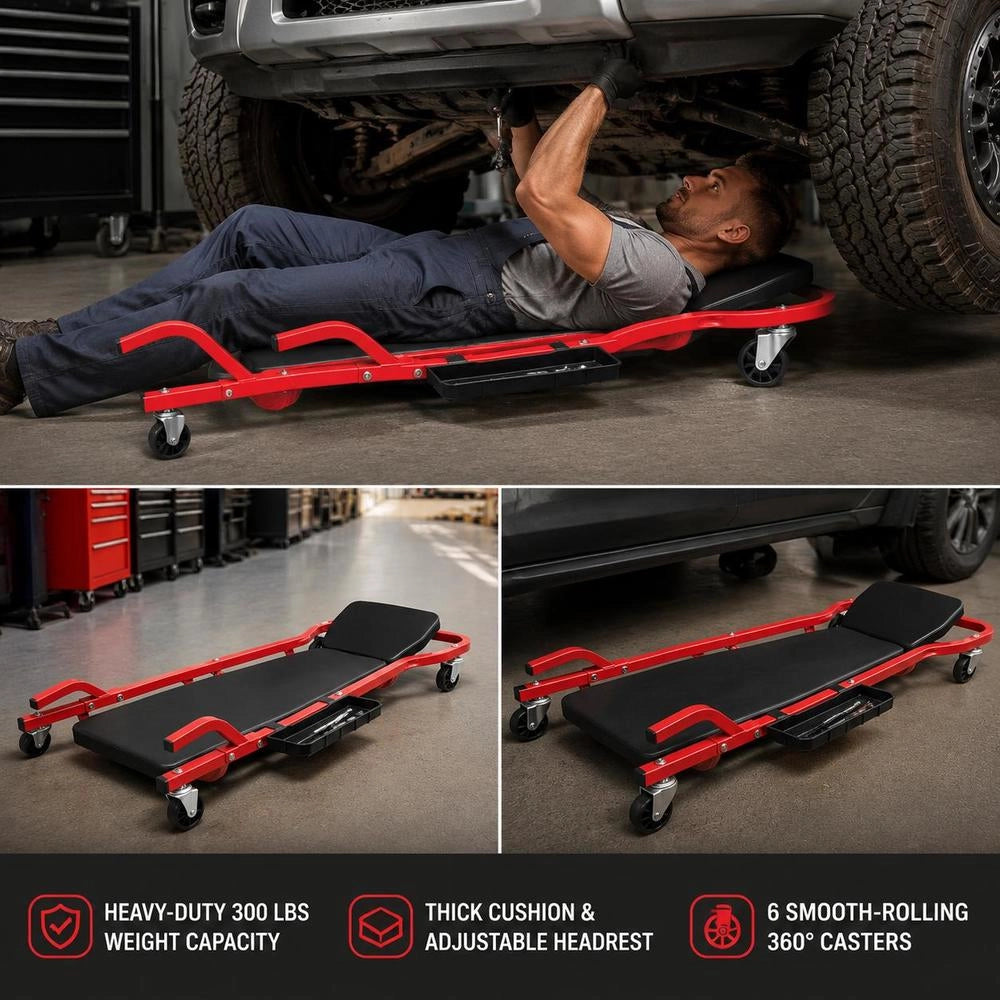 Mechanic's Creeper, 1118 Mm, 136.1 Kg Load Capacity, Vehicle Creeper With 6 Swivel Casters, Adjustable Padded Headrest, Tool Tray, Robust Steel Frame For Garages, Repair Shops And DIY Enthusiasts