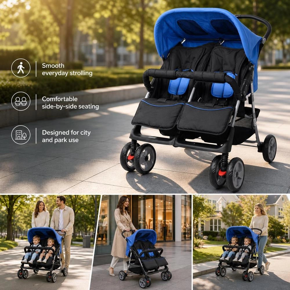 Twin Stroller, Steel, Blue And Black