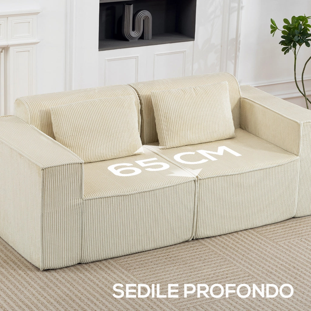 Divano 3 posti modulare con seduta profonda ¨C Xylo ¨C Velluto a coste beige con braccioli larghi e 2 cuscini