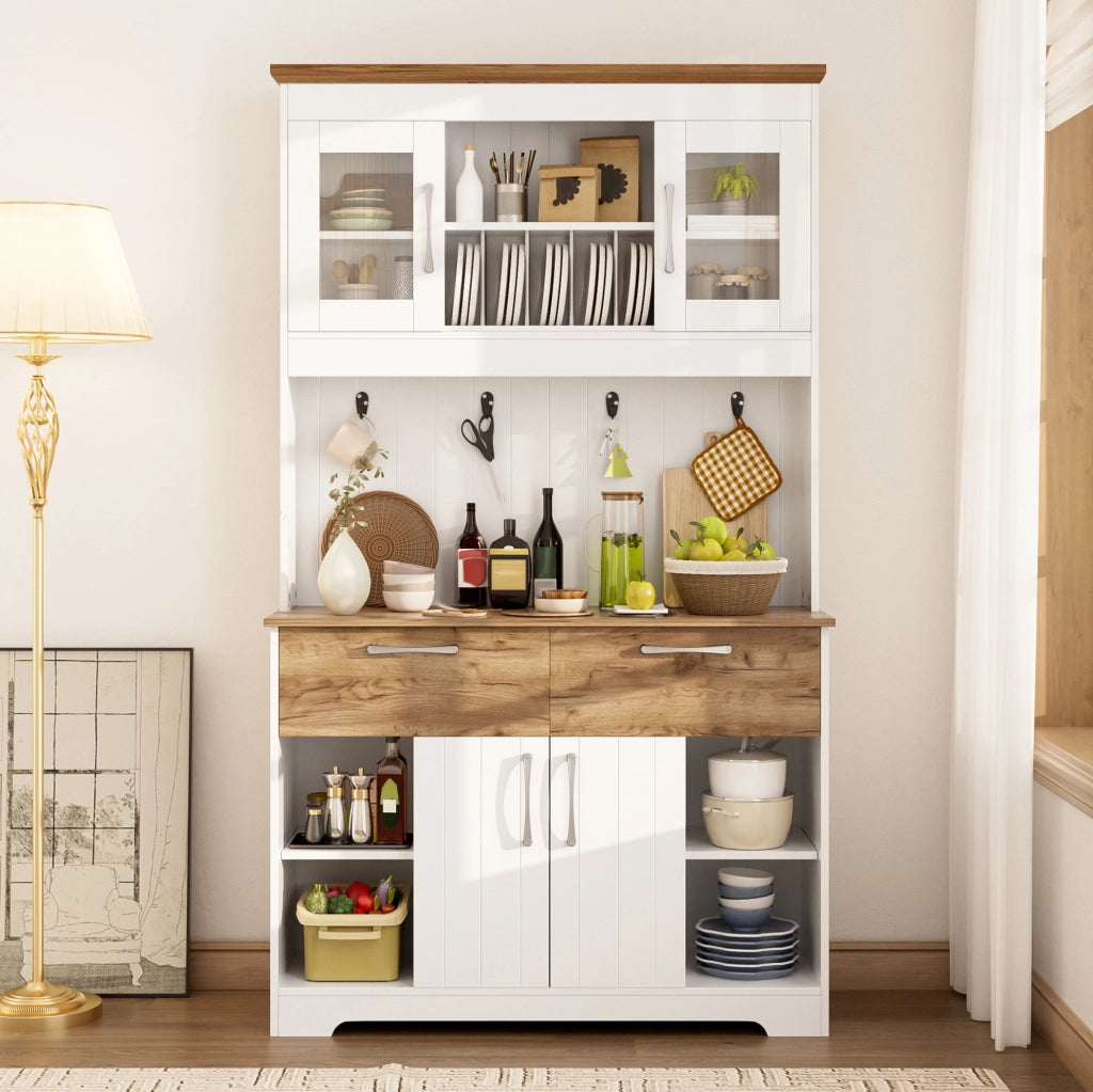 Buffet grande da cucina con ampio spazio di archiviazione, vetri trasparenti, 2 cassetti, ante e appendiabiti – 106×39×176,5 cm, bianco e color legno