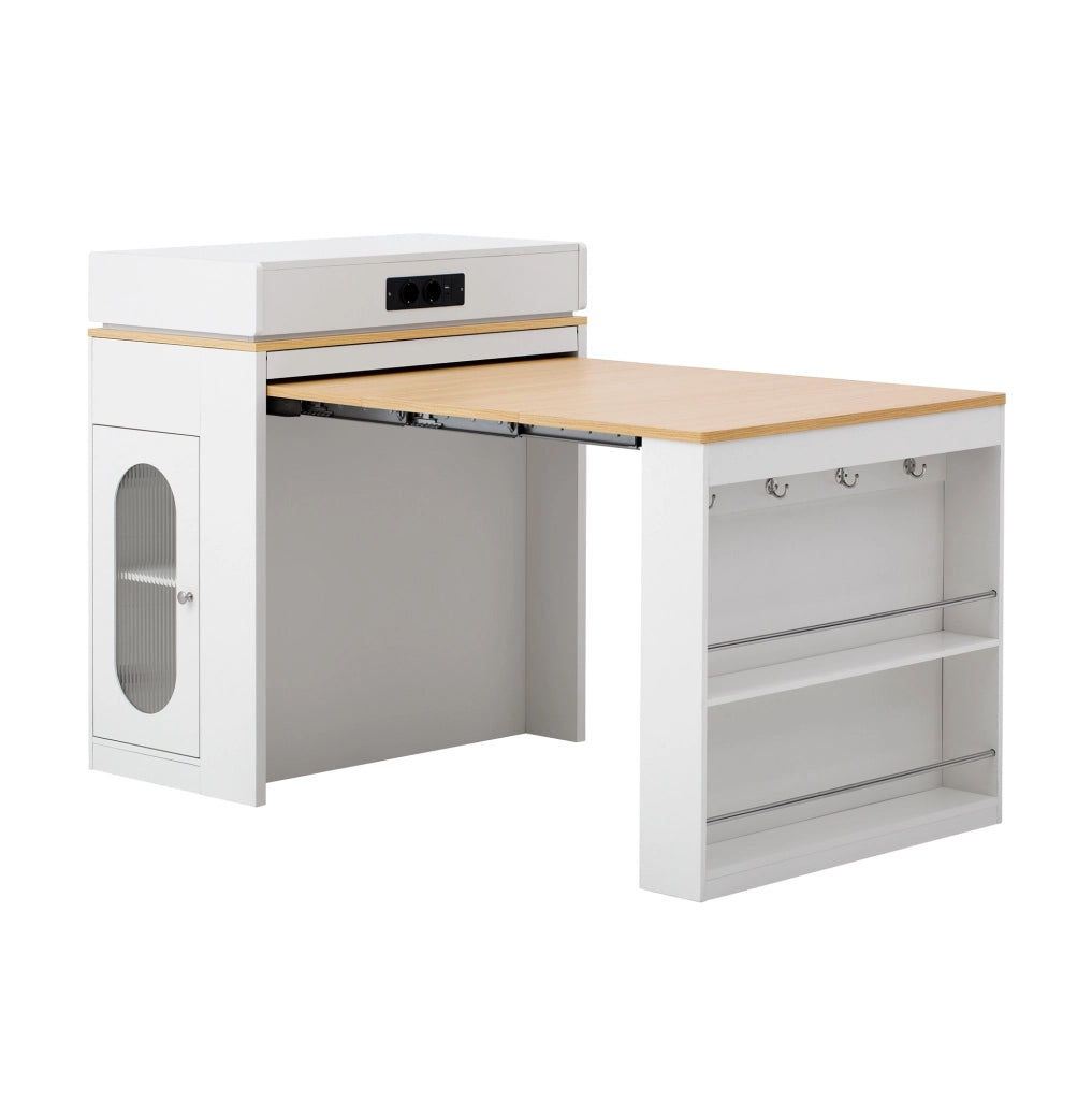 Isola cucina bianca mobile con tavolo estraibile e piano pieghevole, tavolo bar con prese elettriche e ganci, 83x46~146,5x96 cm