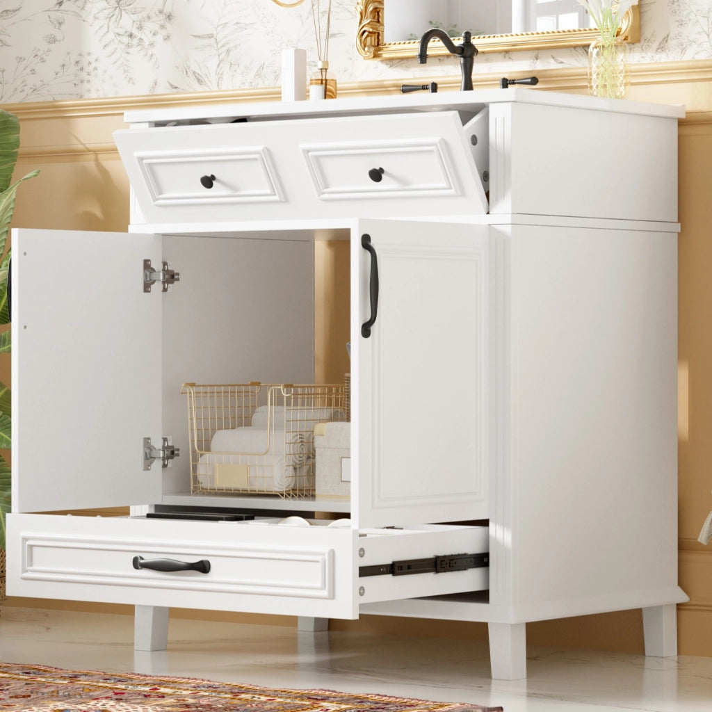 Mobile lavabo 77x46x86 cm con lavabo integrato e 9 vani in MDF e ceramica bianco