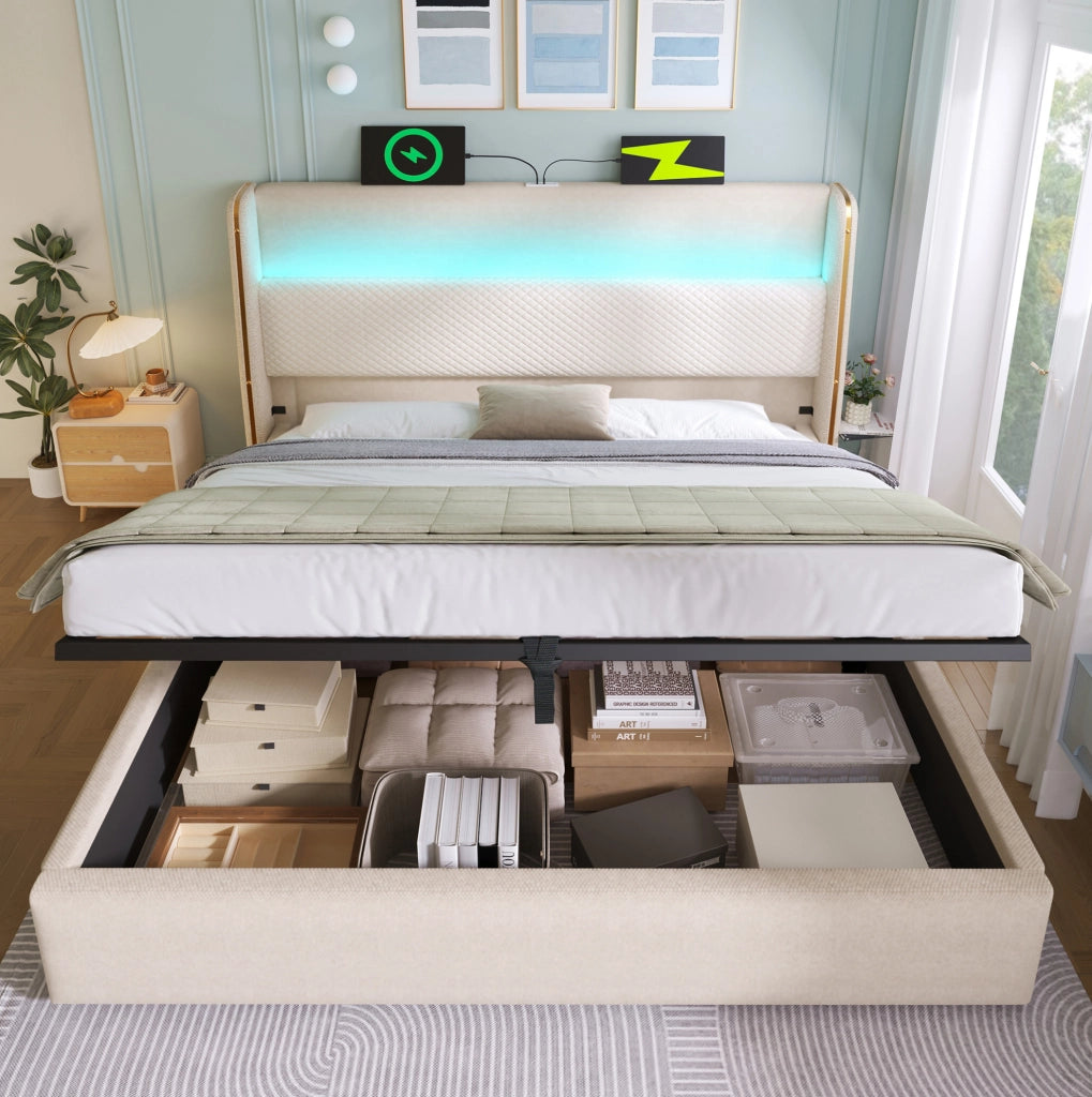 Letto matrimoniale 180x200 cm con LED, USB-C e contenitore beige