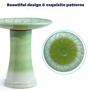 Abbeveratoio per Uccelli in Ceramica Artigianale con Rilievo a Fiori, Ø43 cm, Altezza 45 cm, Glassa Verde Chiaro Lucida, Resistente al Freddo e agli Agenti Atmosferici