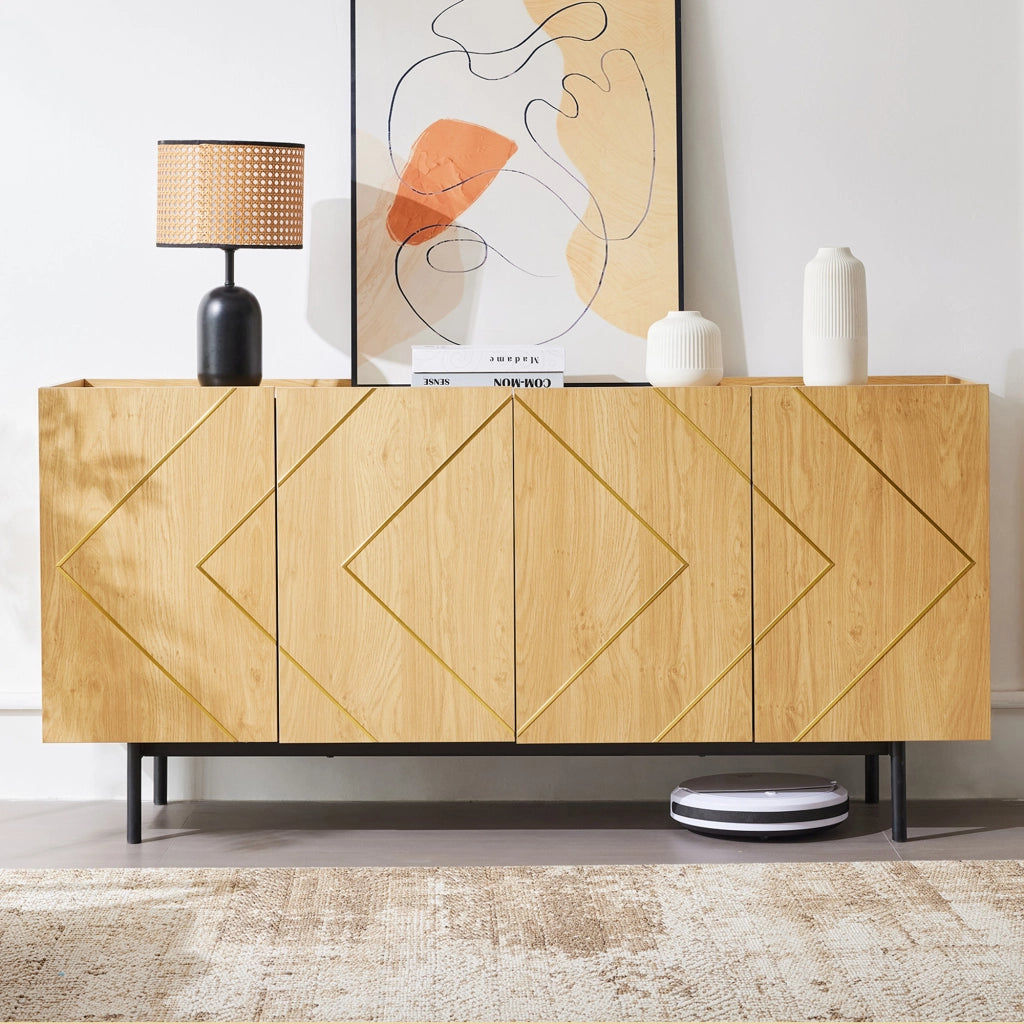 Credenza con 4 ante e ripiani regolabili; con sicura antiribaltamento - per soggiorno - in truciolare - 160×40×78 cm - naturale