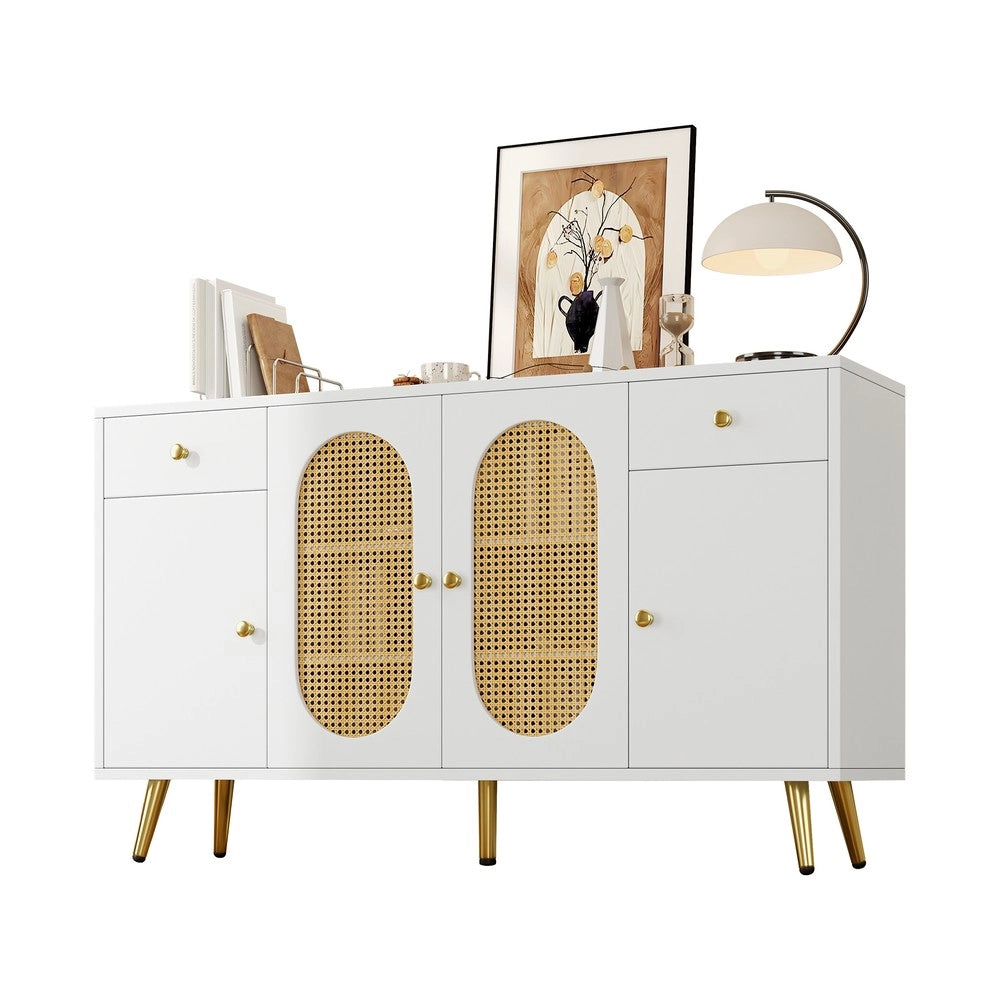 Cassettiera con 2 cassetti e 4 ante ¨C Minimal ¨C bianco legno naturale 140x35x82 cm per soggiorno cucina