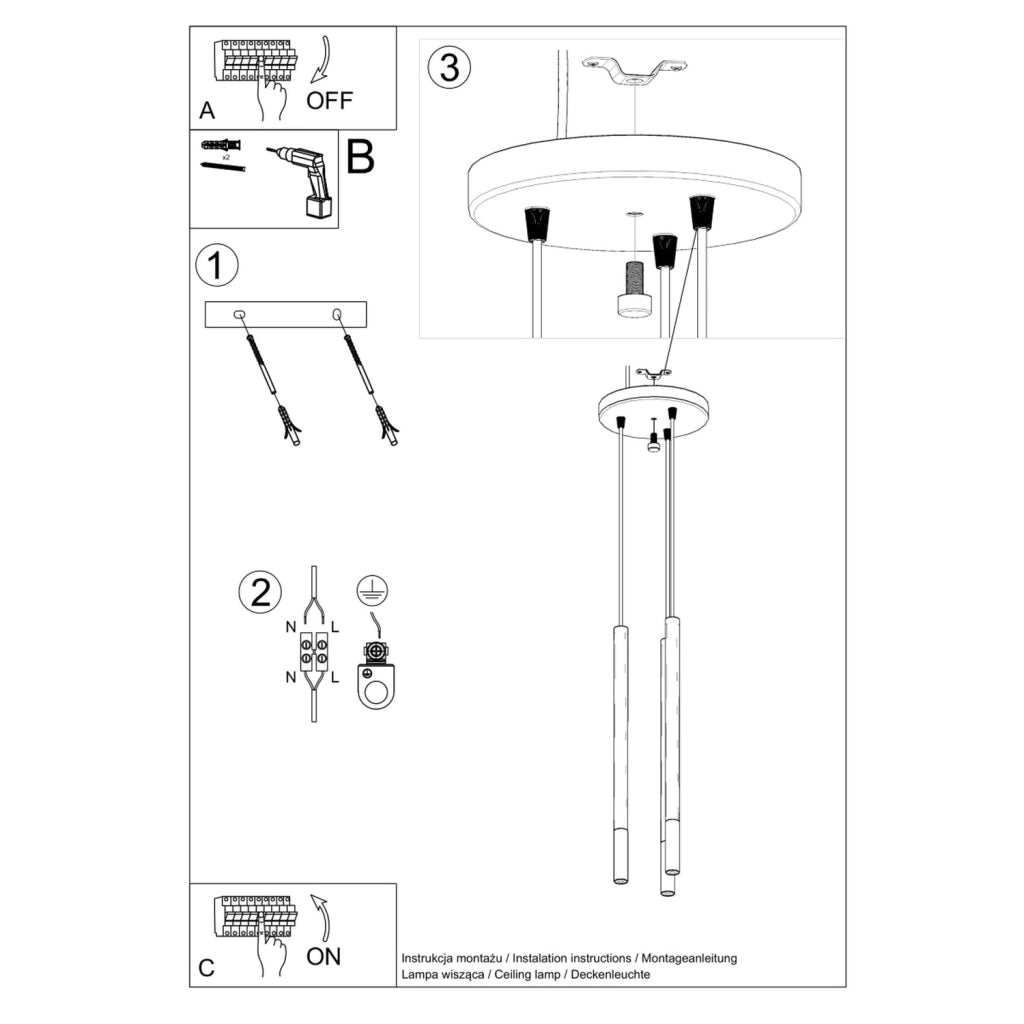 Lampada a sospensione VITREO 3 luci nero/cromo Pure Lume