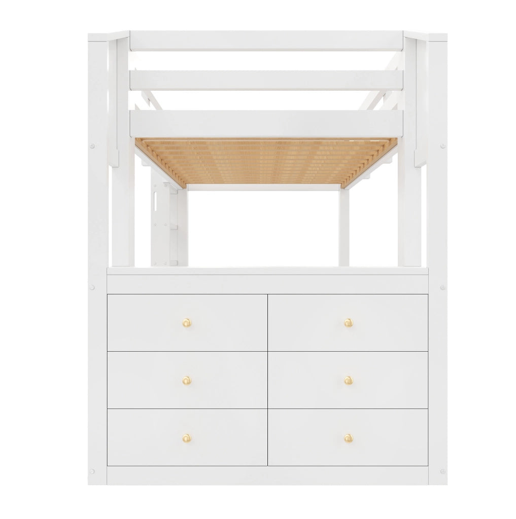 Letto a soppalco 90x200 cm con 6 cassetti e scaffali, illuminazione LED, bianco