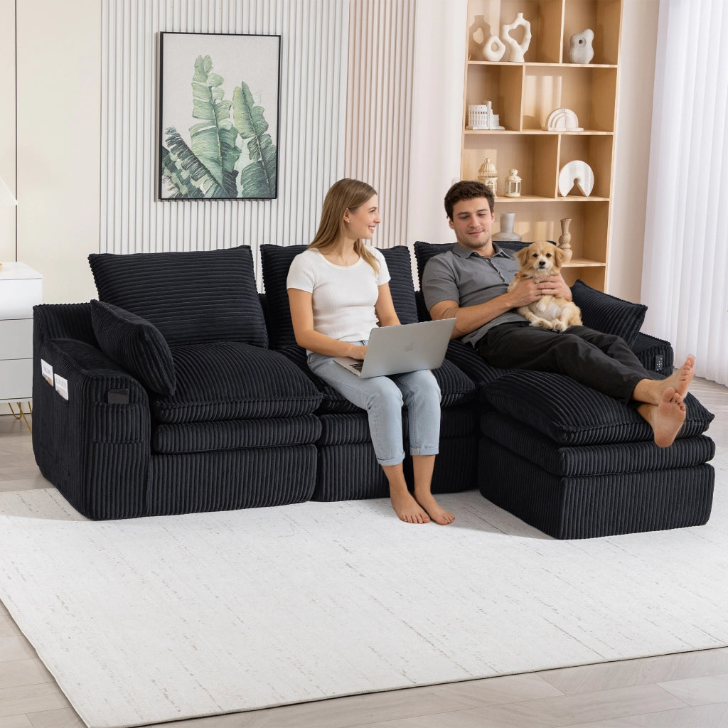 Divano 3 Posti con Poggiapiedi e Cuscini in Tessuto ¨C MINIMAL ¨C Nero
