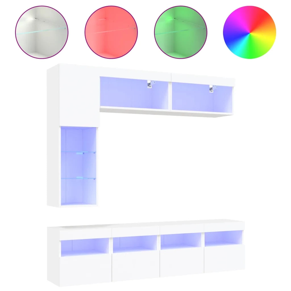 Set Mobili TV a Muro 7 pz con Luci LED Bianco