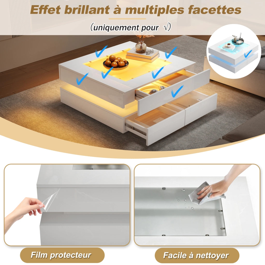 Tavolino da salotto quadrato 70x70x35 cm con LED; 3 cassetti; piano in vetro; bianco lucido