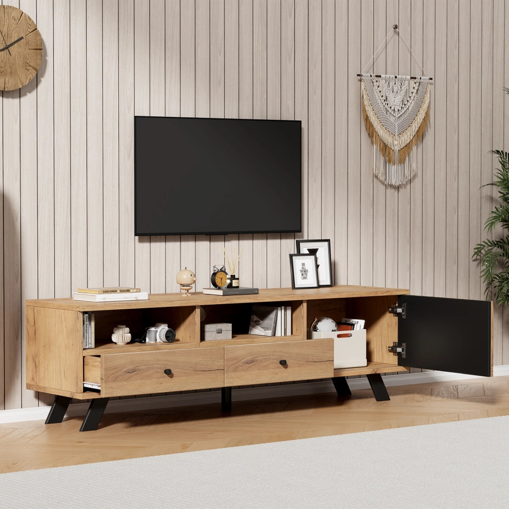 Mobile porta TV con 2 cassetti, 1 armadietto e 2 vani aperti in truciolare legno naturale e nero 150 × 38 × 44 cm