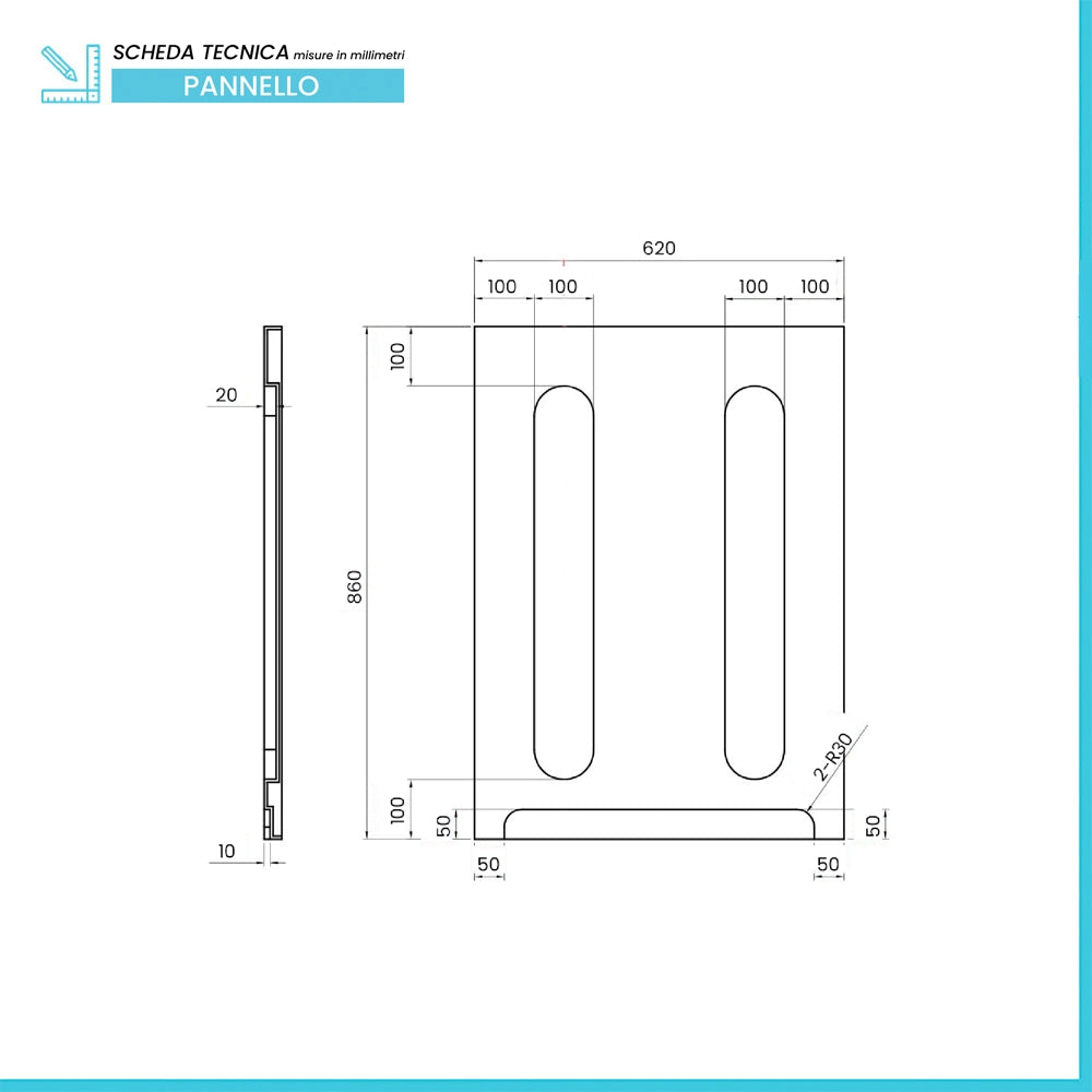 Pannello laterale 62x86 sagomato per vasca con apertura interna dx e sx