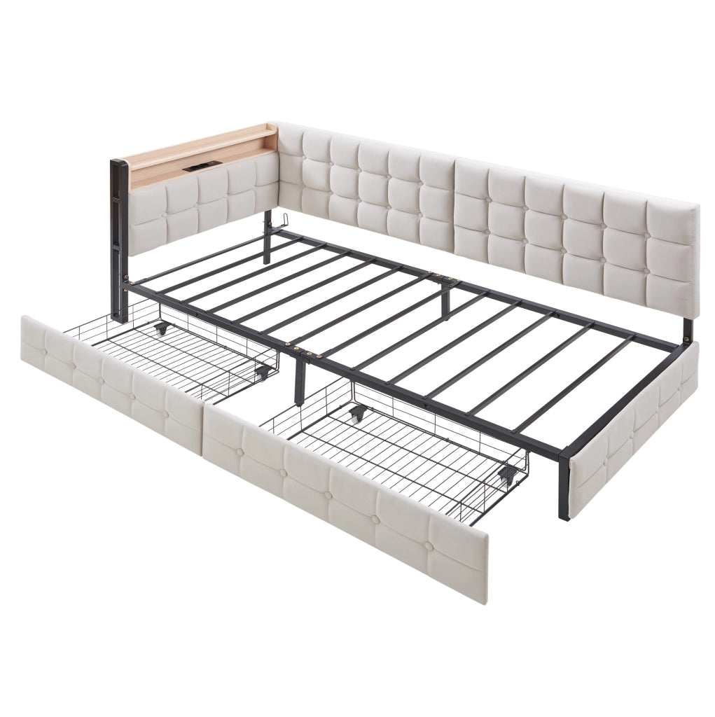 Divano letto imbottito 90x200 cm beige con LED, USB-C e 2 cassetti