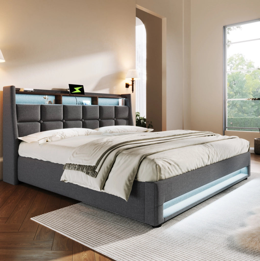 Letto imbottito 140x200 cm con materasso, LED, 2 USB e contenitore in lino grigio