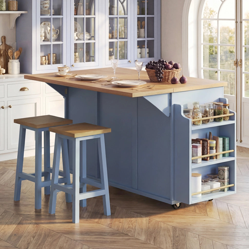 Carrello da cucina pieghevole 143x75x91 cm in MDF blu con contenitori