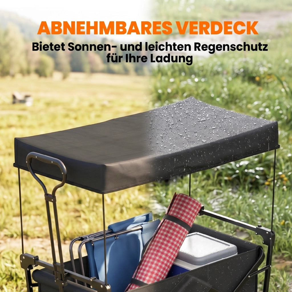 Carrello da trasporto pieghevole con tettuccio, telaio in acciaio nero, capacità 110L, 97x52x105 cm, robusto e salvaspazio