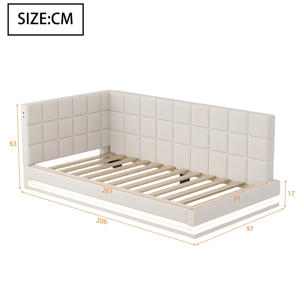 Divano letto imbottito 90x200 cm beige con LED e USB