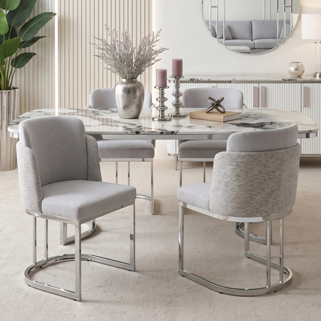 Set di 4 sedie da pranzo in ciniglia grigio e argento