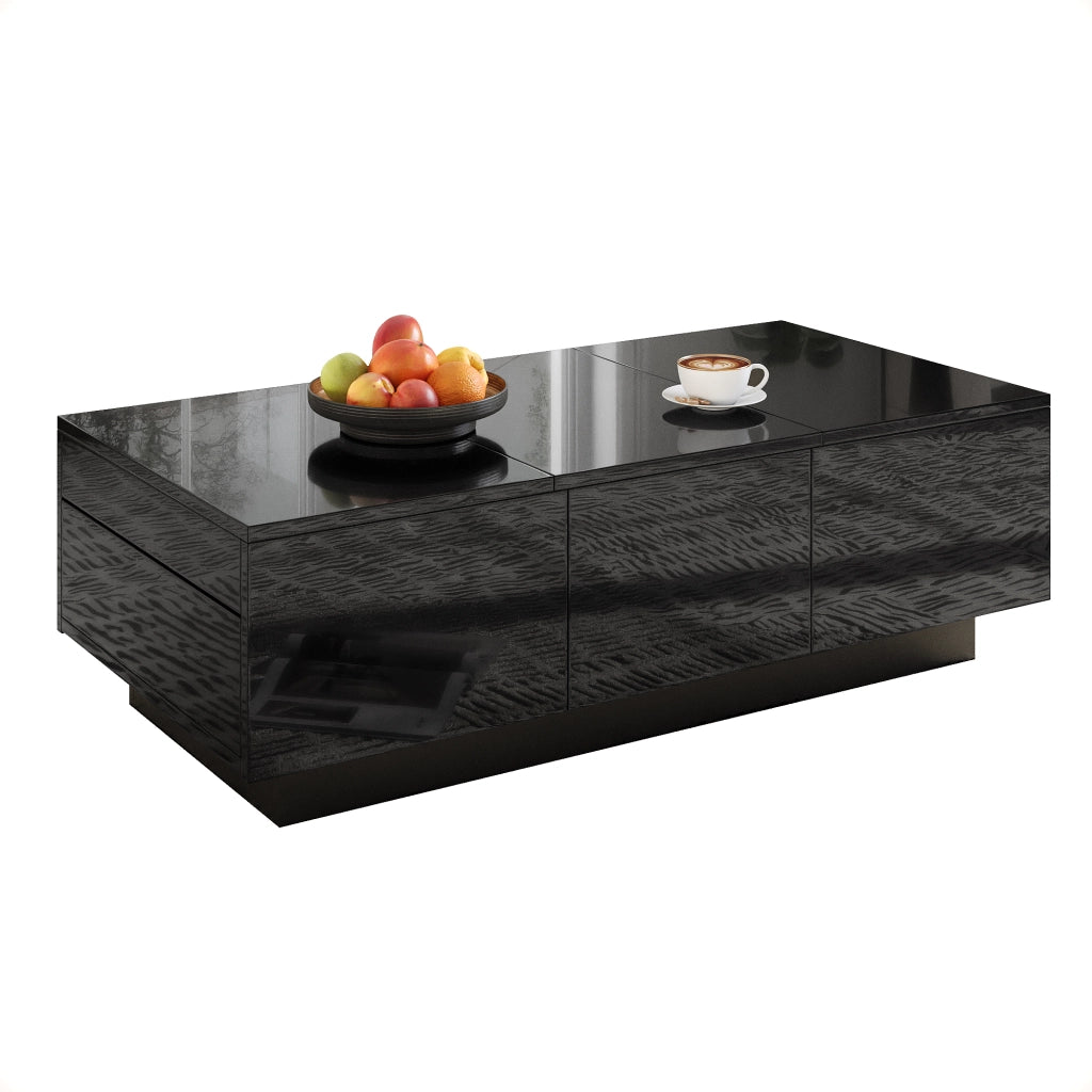 Tavolino da caff¨¨ moderno nero lucido con cassetti e scomparto scorrevole ¨C Tavolino rettangolare da soggiorno con ampio spazio contenitivo, design