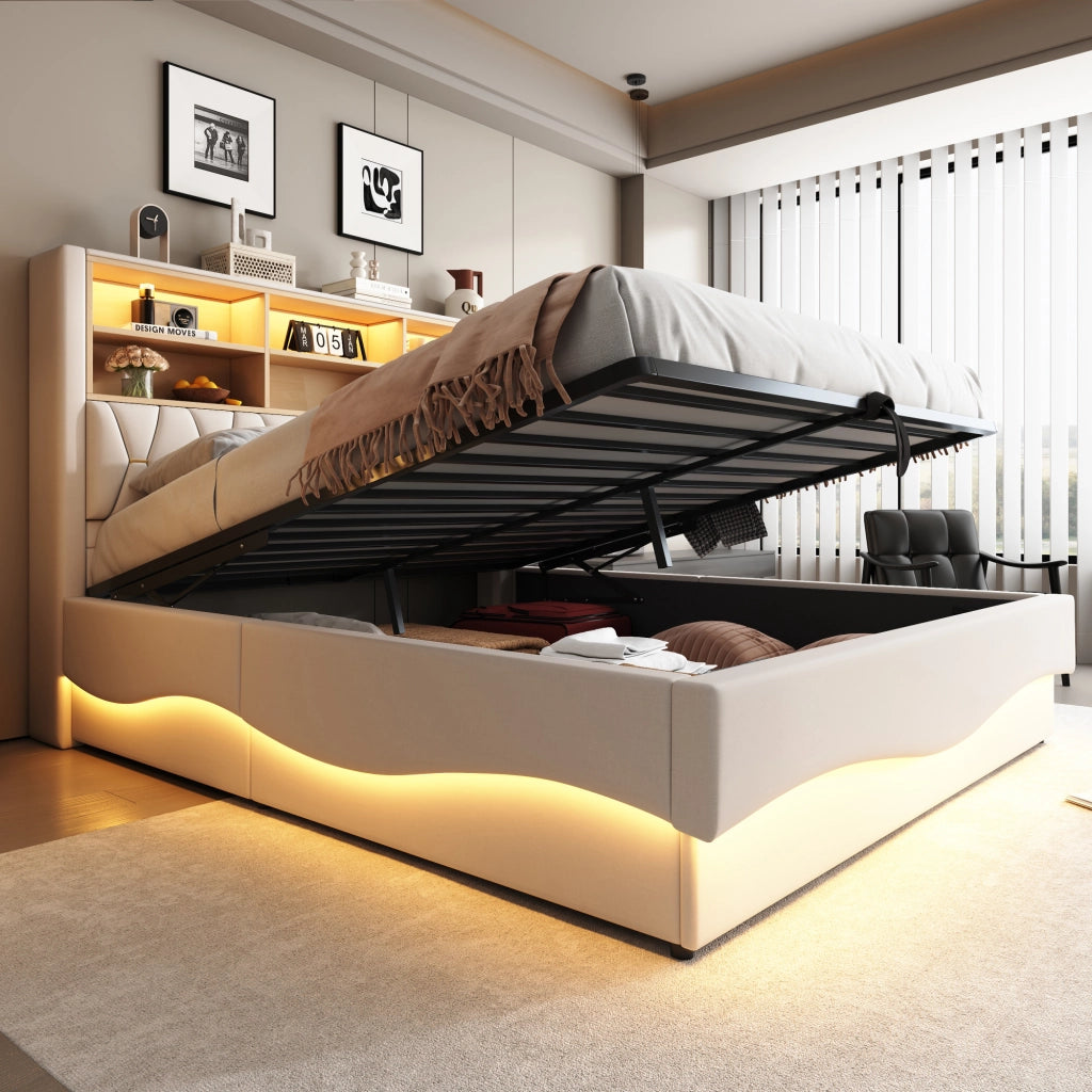 Letto matrimoniale imbottito 180 × 200 cm con contenitore idraulico LED USB in lino beige