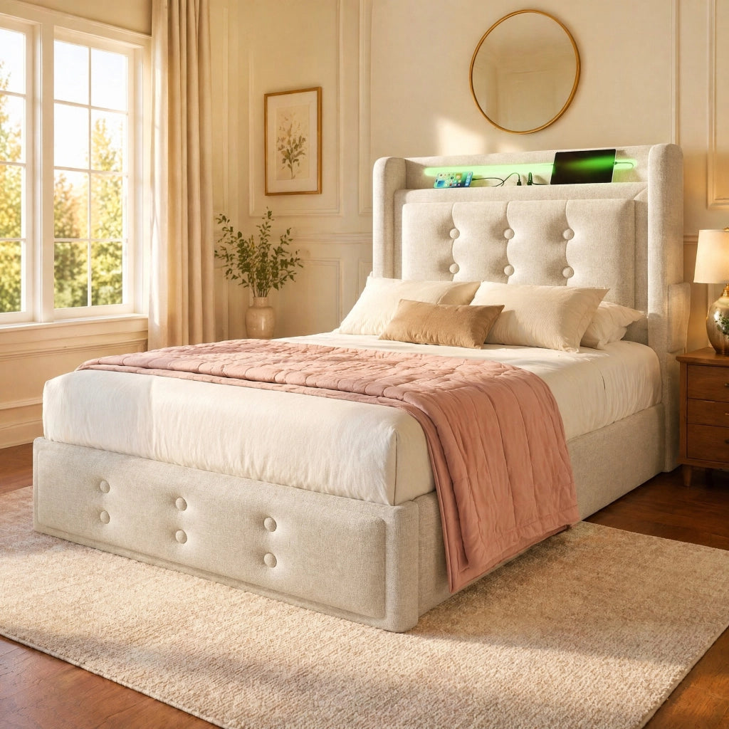 Letto singolo contenitore 90 × 200 cm con LED; USB e Type-C; cotone-lino beige