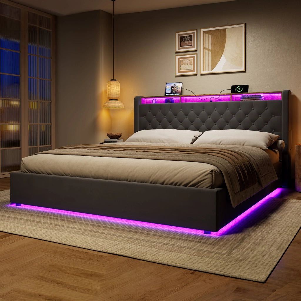 Letto contenitore 180x200 cm con testiera ribaltabile; spazio di archiviazione integrato; velluto grigio scuro