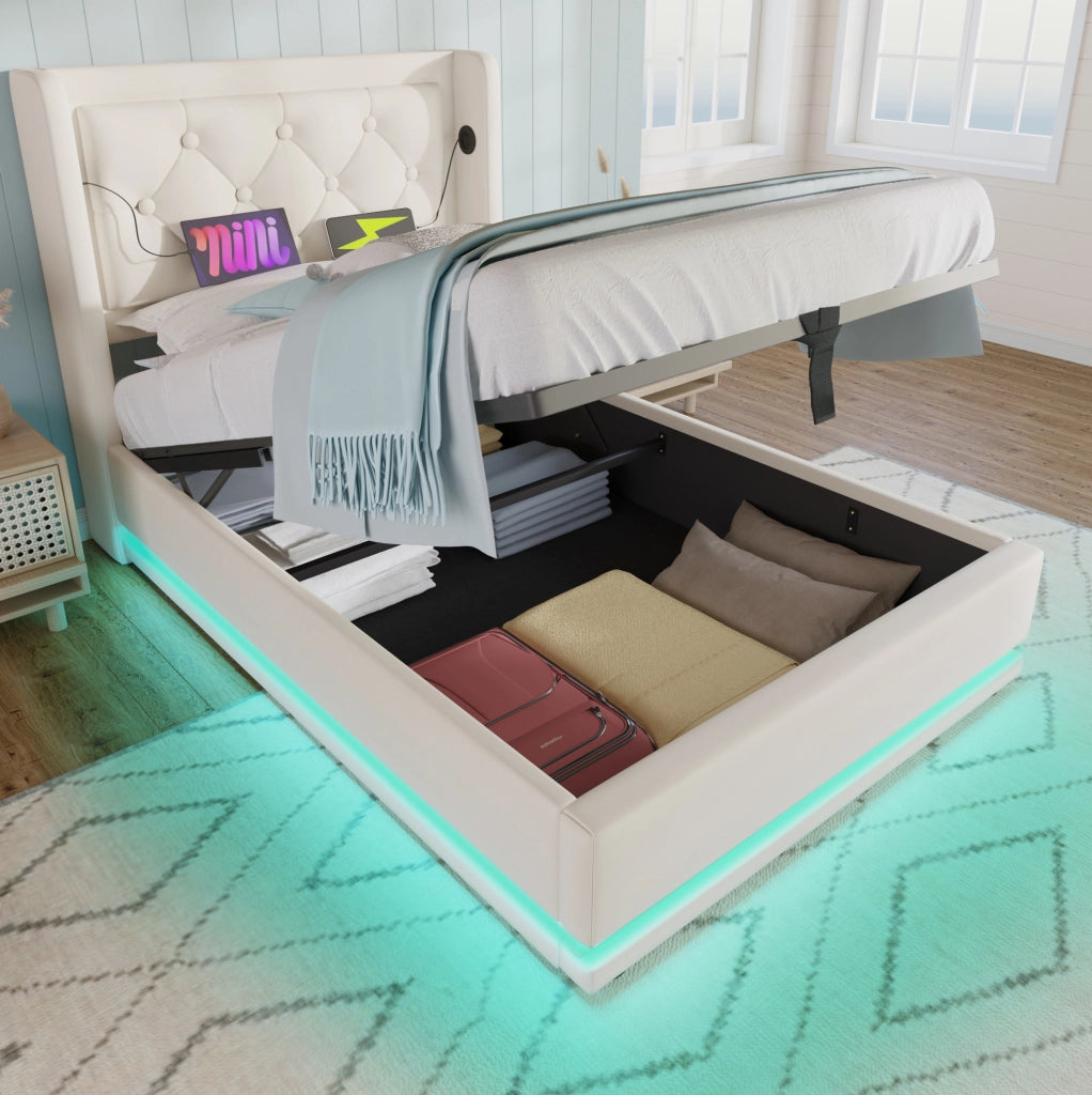 Letto contenitore 90 × 200 cm in PU bianco con LED; USB e Type-C