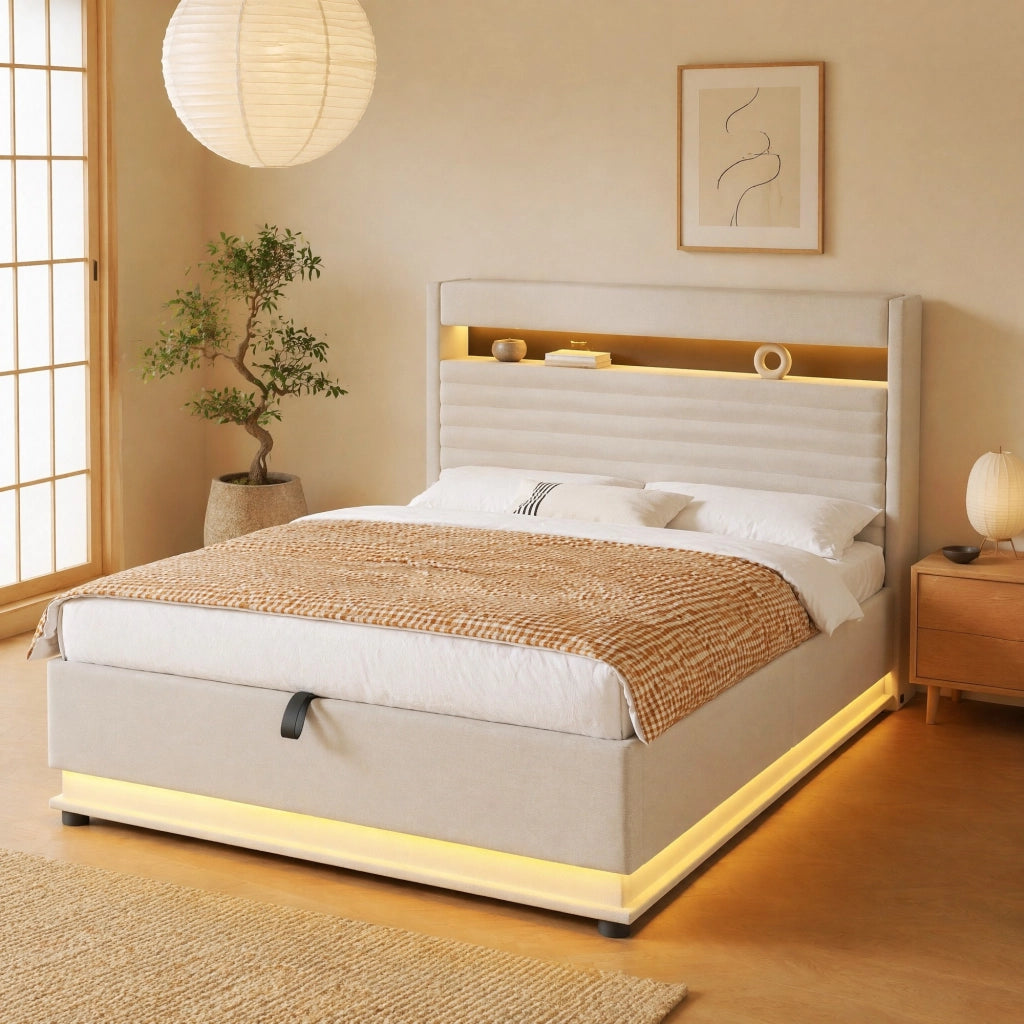 Letto contenitore 140 × 200 cm con LED USB e USB Type-C testiera imbottita in lino beige