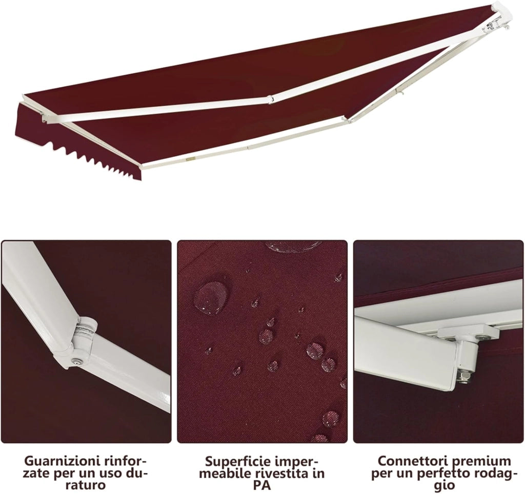 Tenda da Sole per Esterno Avvolgibile 3 x 2,5 M, Tenda da Sole a Bracci Estensibili con Telaio in Alluminio, Tettuccio Resistente al Sole e Impermeabile e Manovella (3 x 2,5 M, Rosso)