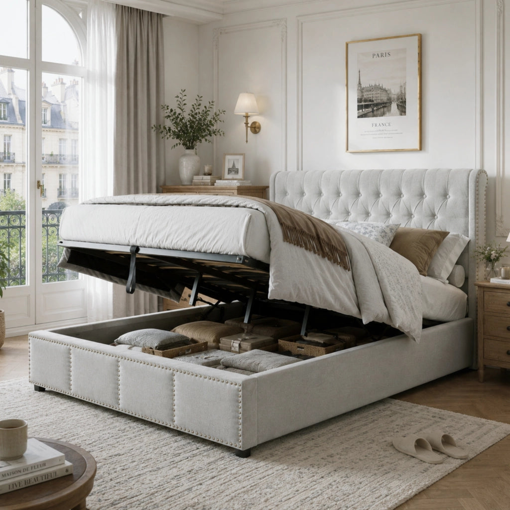 Letto contenitore 140x200 cm imbottito in lino e cotone grigio