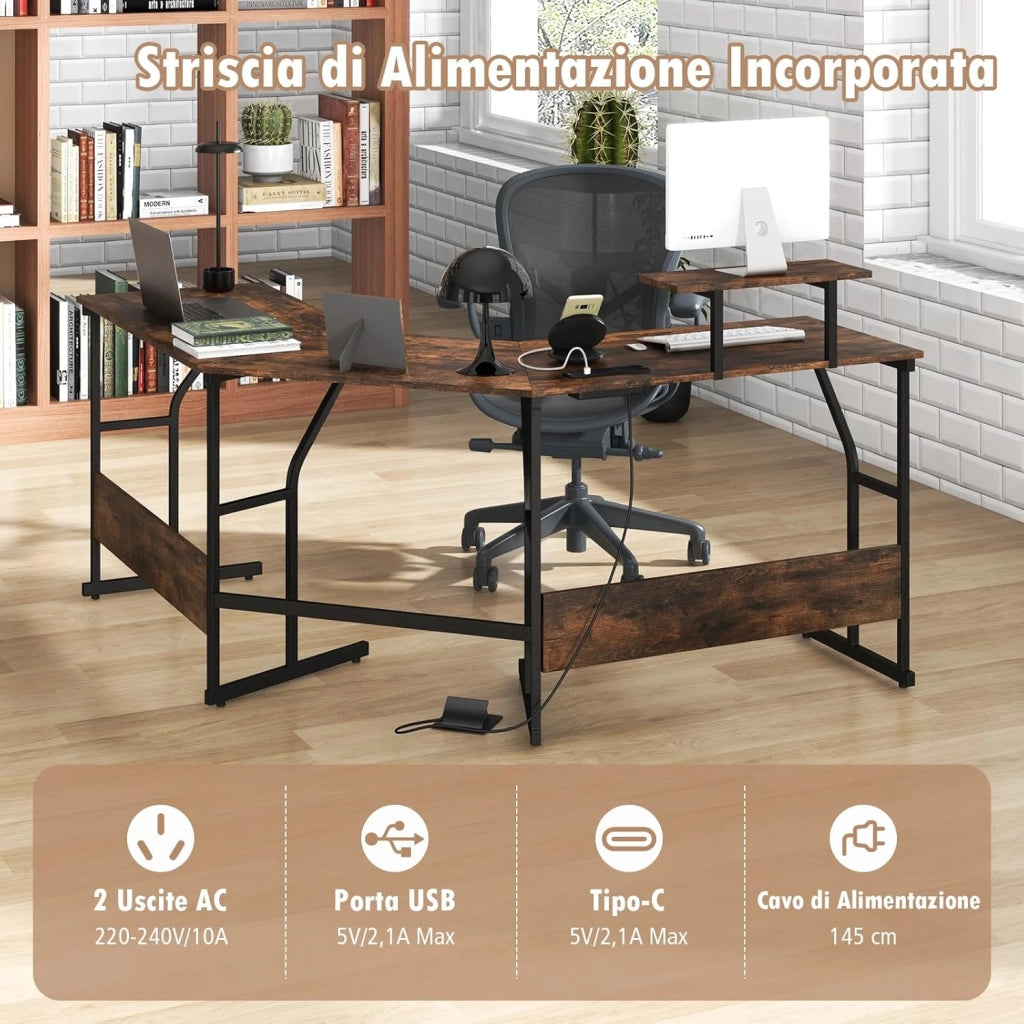Scrivania ad Angolo a Forma di L con Presa Elettrica, Scrivania Angolare per Computer con Supporto Monitor Movibile, 225cm Postazione da Lavoro per 2 Persone per Lavoro e Gioco (Marrone)