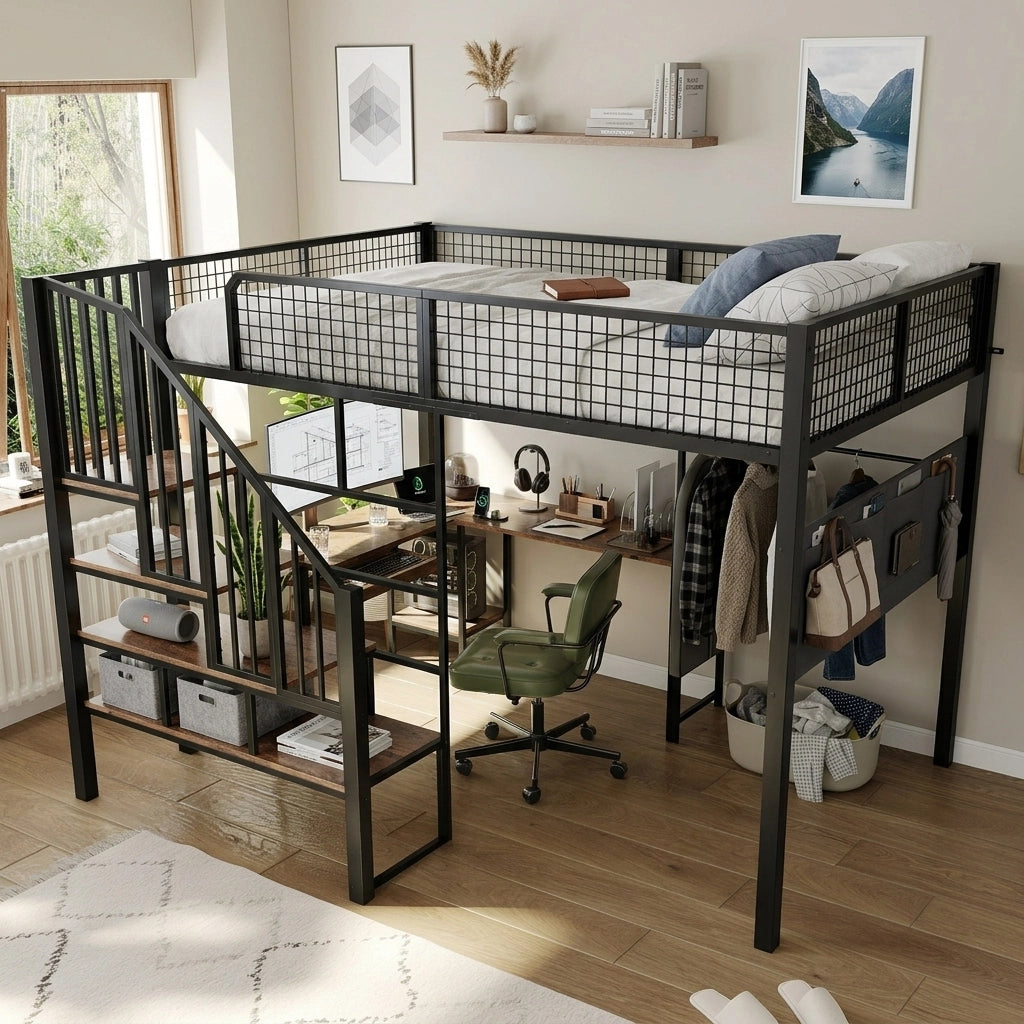 Letto a soppalco 2 posti 140 x 200 cm con presa, scrivania d'angolo in L e mensola tastiera, letto matrimoniale con tasca laterale, rete inclusa, nero