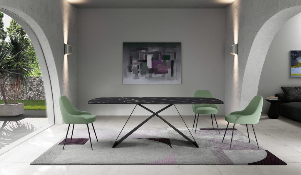 Tavolo Fisso Thanos - 220x110 cm con Top in Ceramica Portoro Opaco e Gambe in Metallo Verniciato Nero - Design Moderno e Lussuoso