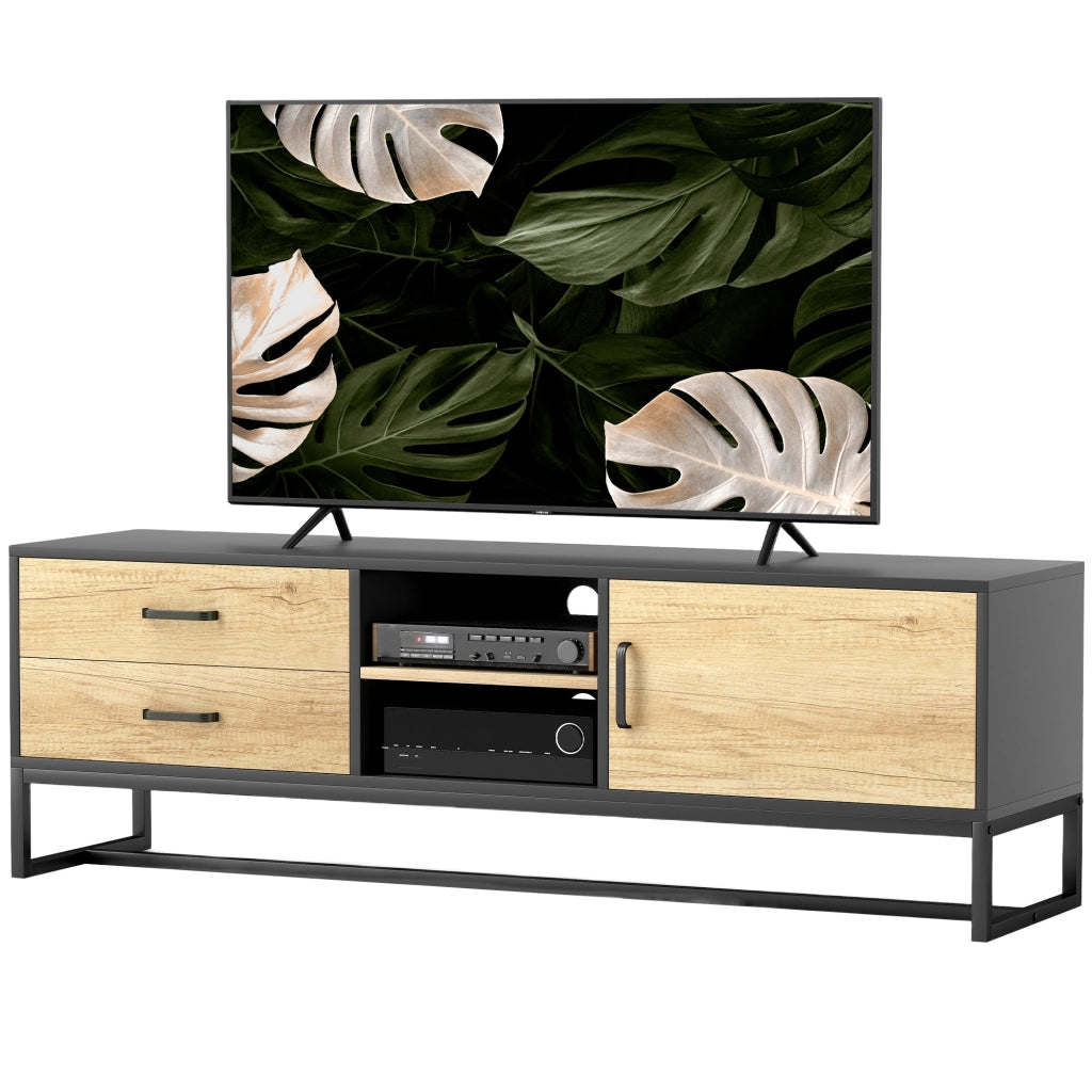 Mobile Porta TV fino a 60 Pollici in Legno Naturale con 2 Cassetti Vani Aperti e Anta Mobile TV Moderno e Robusto per Salotto